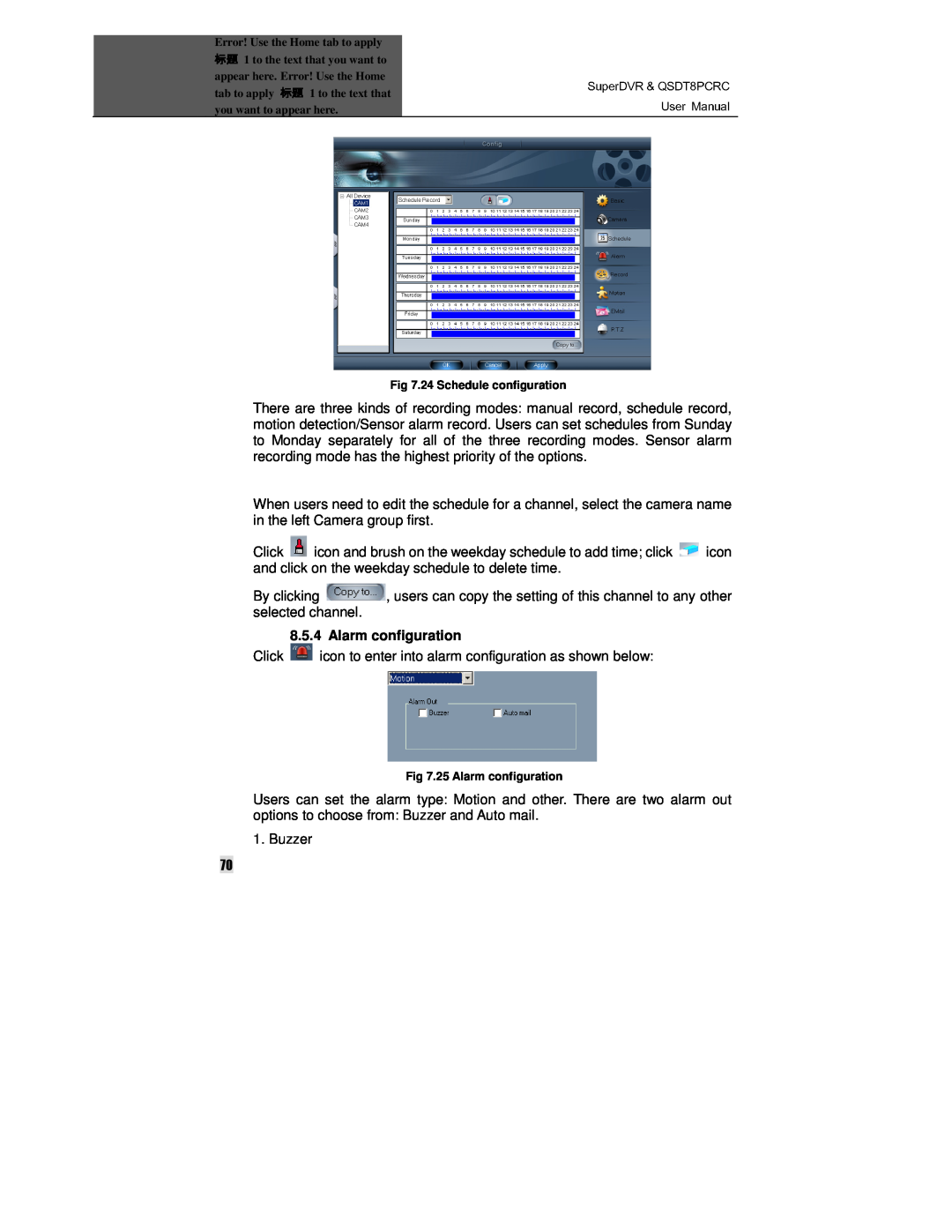 Q-See QSDT8PCRC manual 24 Schedule configuration, 25 Alarm configuration 
