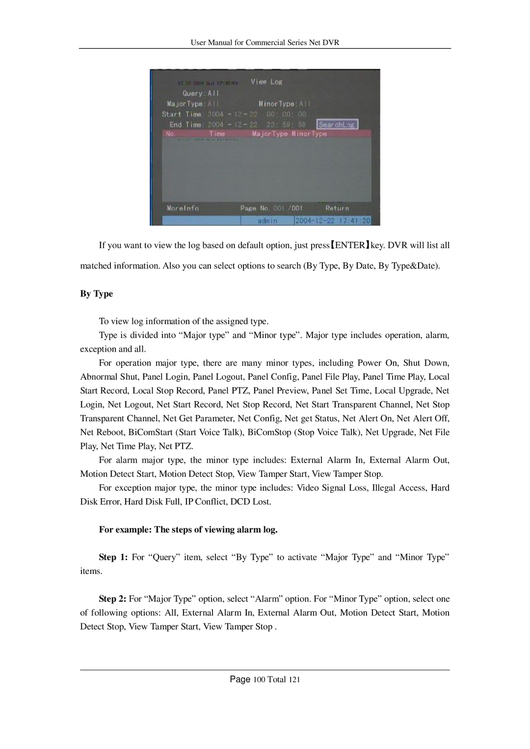 Q-See QSF2648016, QSF2648008, QSC26416, QSD42208, QSC26408 user manual By Type, For example The steps of viewing alarm log 