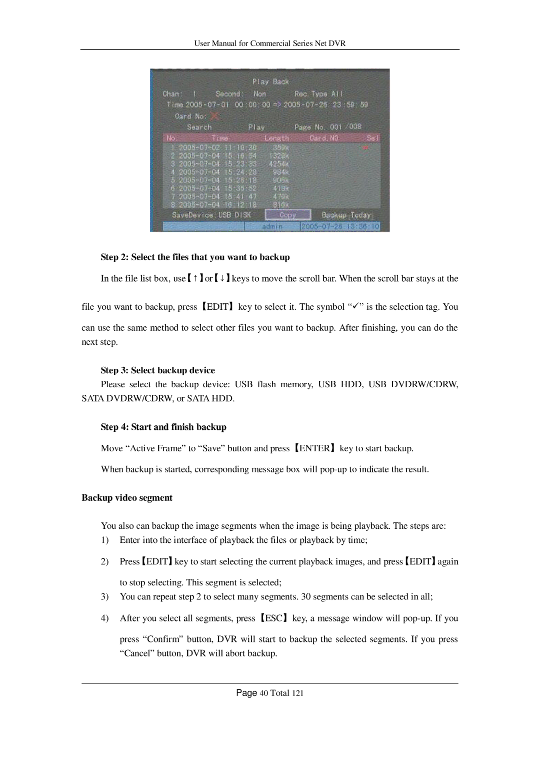 Q-See QSF2648016, QSF2648008 Select the files that you want to backup, Select backup device, Start and finish backup 