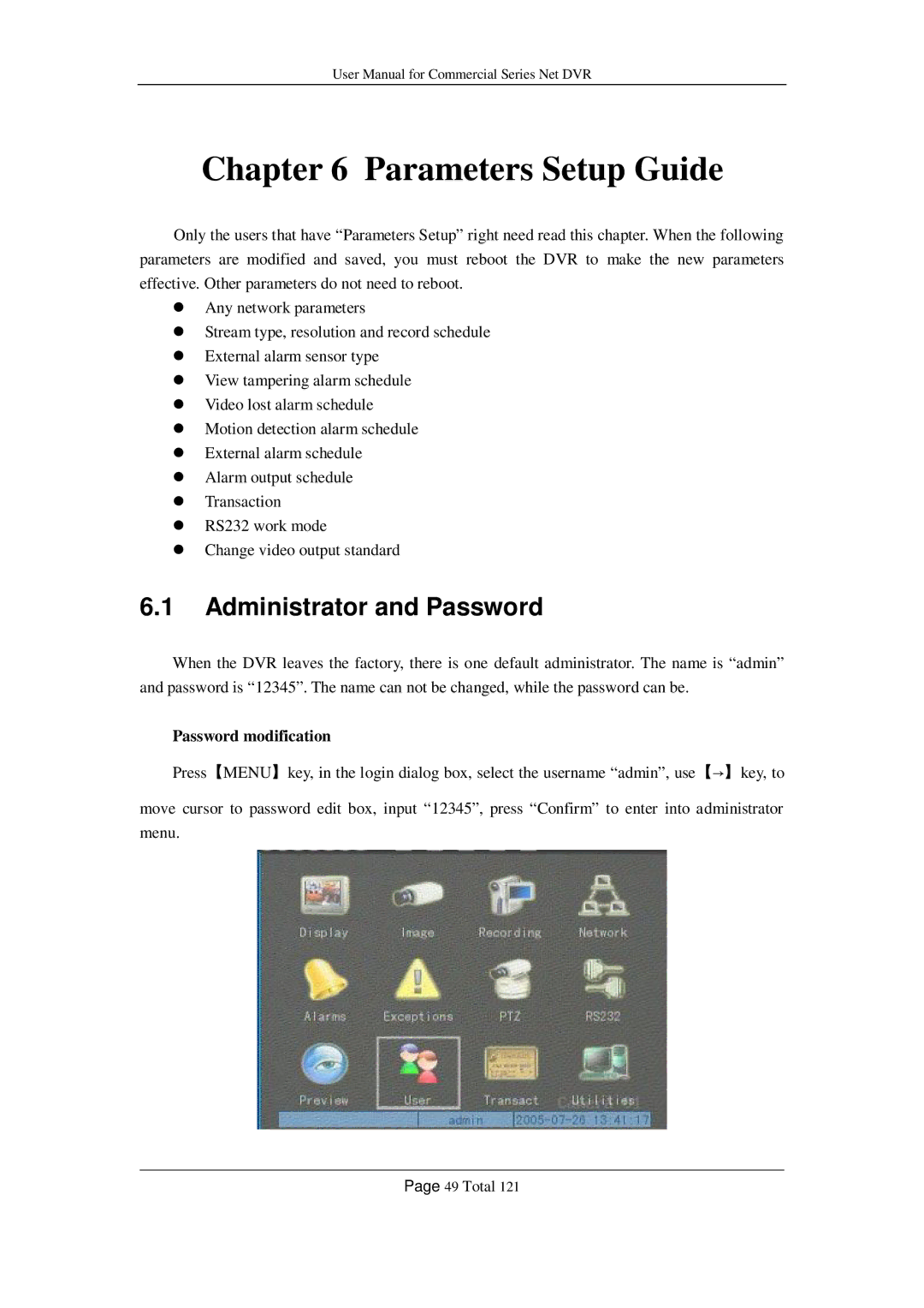 Q-See QSC26408, QSF2648016, QSF2648008, QSC26416 Parameters Setup Guide, Administrator and Password, Password modification 