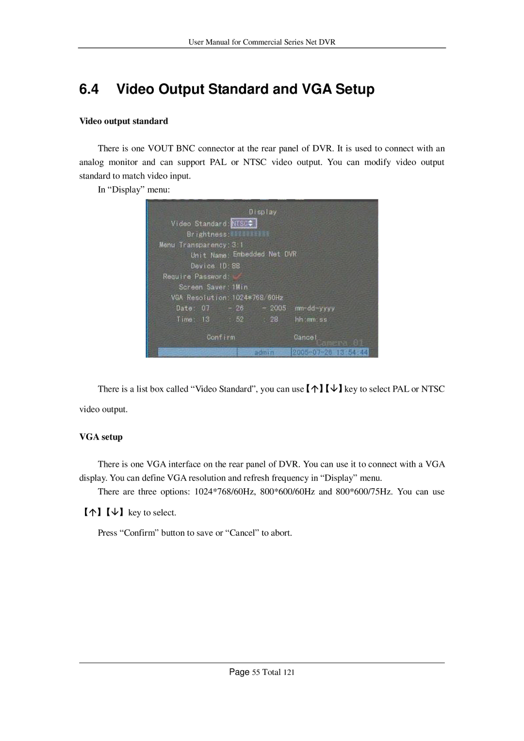 Q-See QSF2648016, QSF2648008, QSC26416, QSD42208 Video Output Standard and VGA Setup, Video output standard, VGA setup 