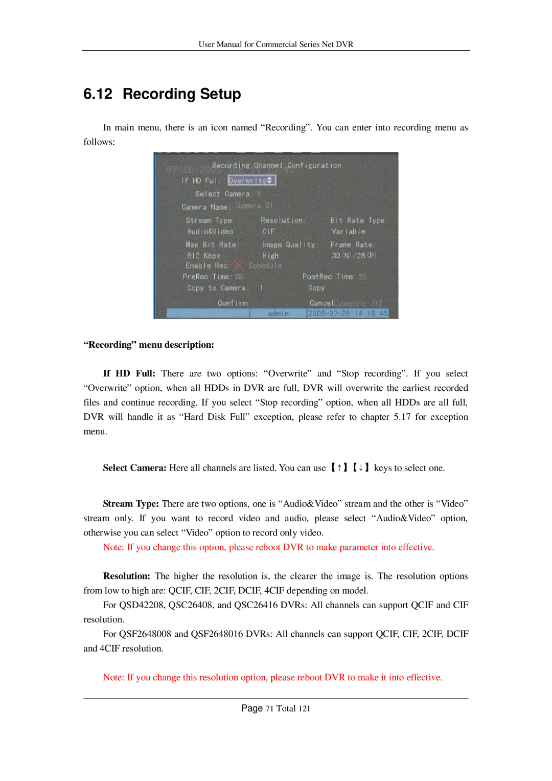 Q-See QSF2648008, QSF2648016, QSC26416, QSD42208, QSC26408 user manual Recording Setup, Recording menu description 