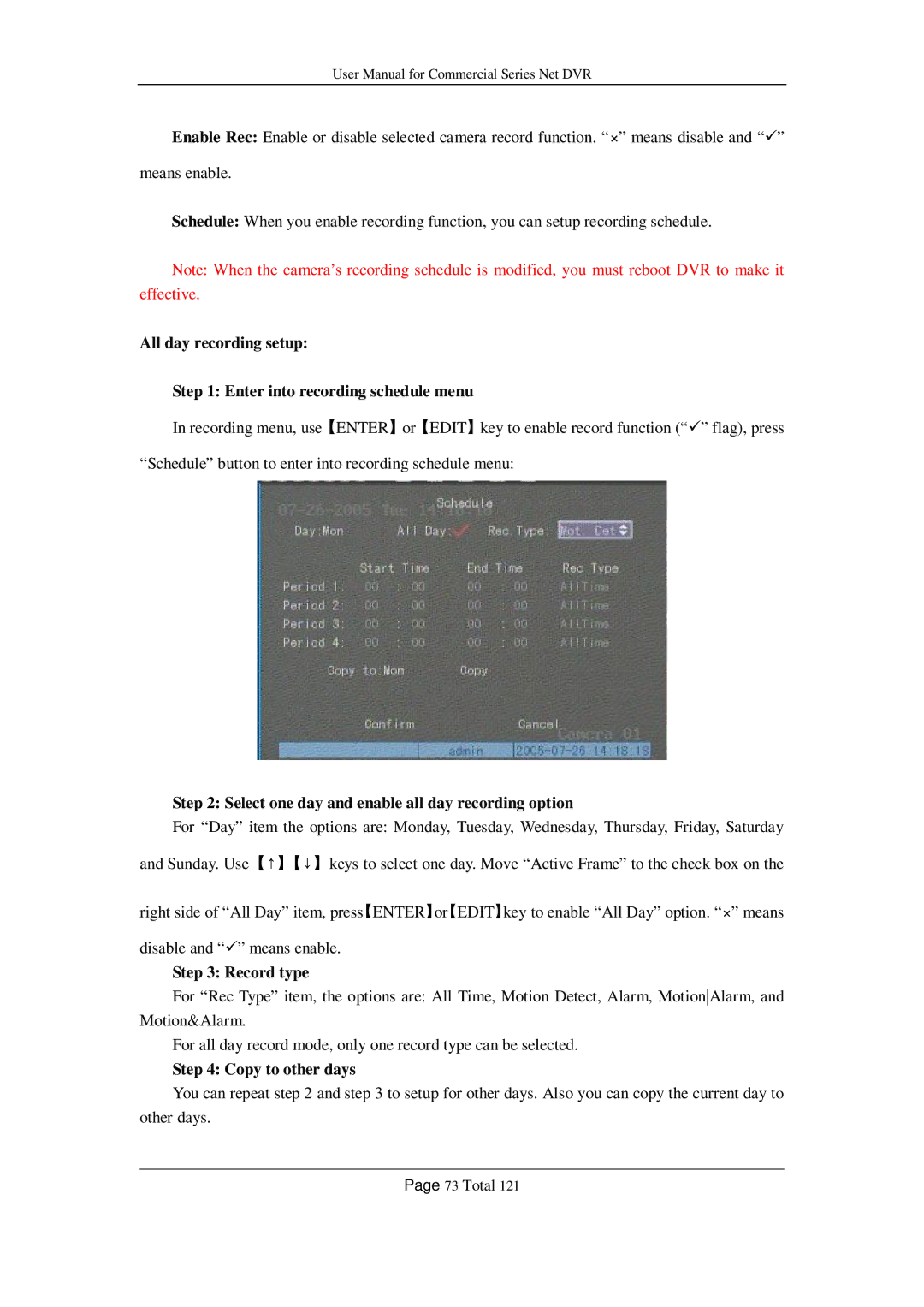 Q-See QSD42208, QSF2648016 All day recording setup Enter into recording schedule menu, Record type, Copy to other days 