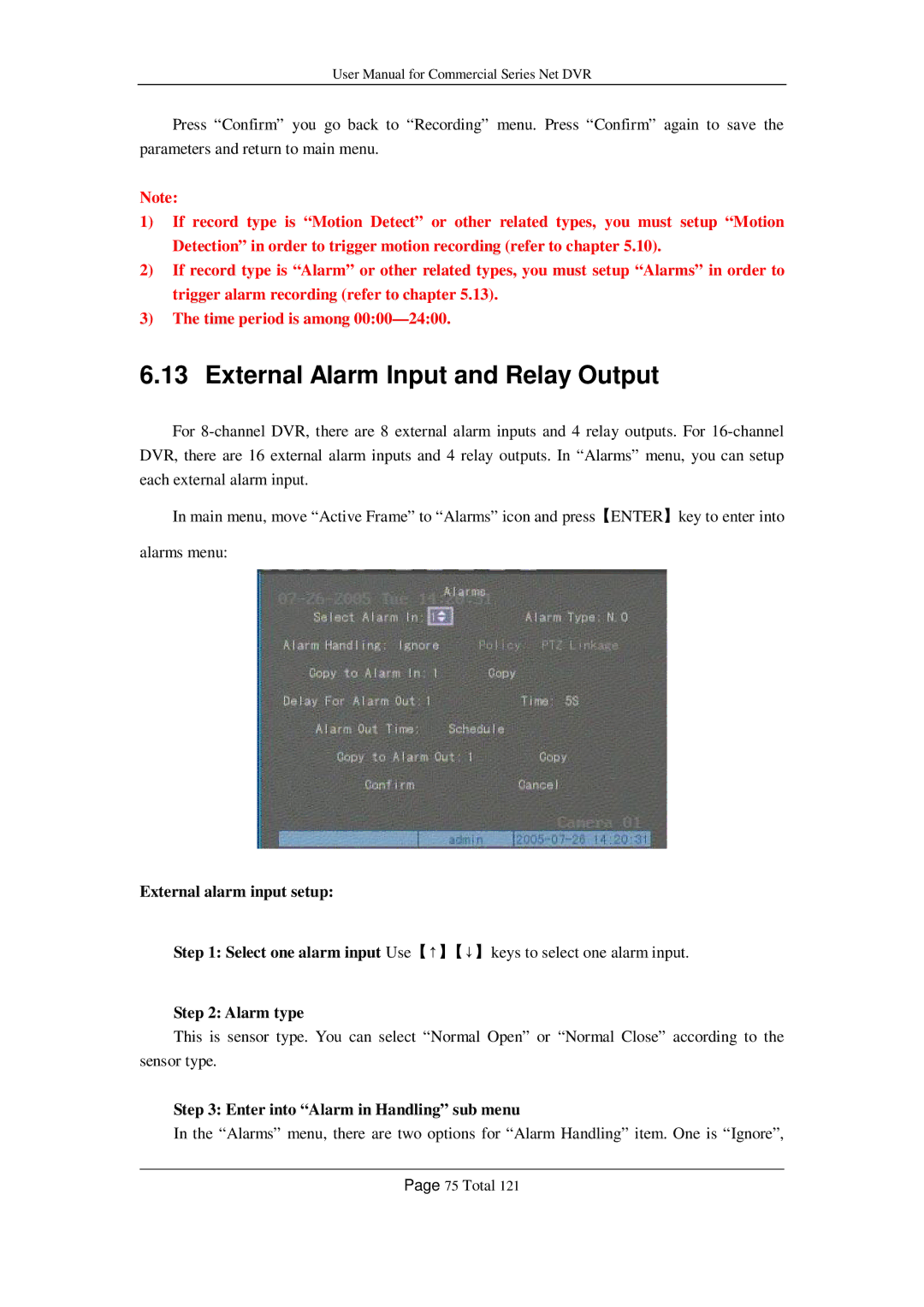 Q-See QSF2648016, QSF2648008, QSC26416 External Alarm Input and Relay Output, External alarm input setup, Alarm type 