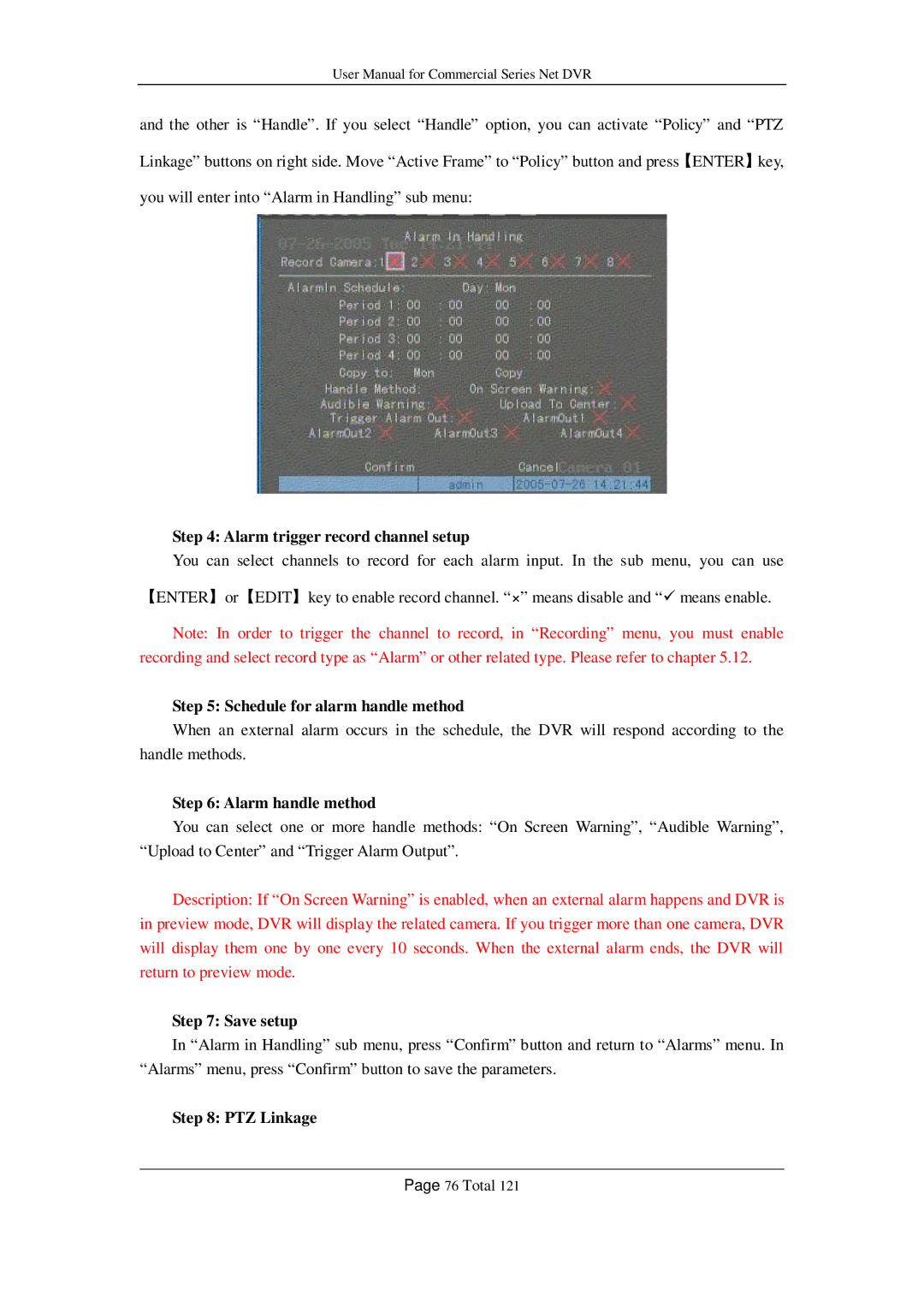 Q-See QSF2648008 Alarm trigger record channel setup, Schedule for alarm handle method, Alarm handle method, Save setup 