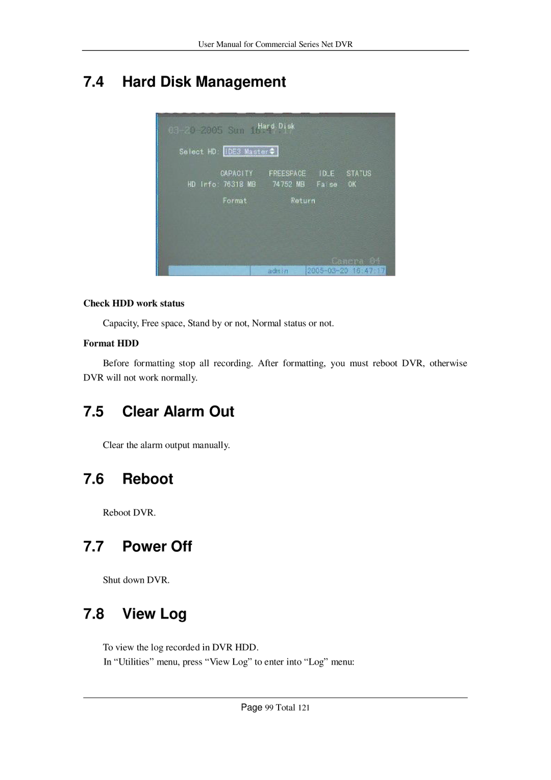 Q-See QSC26408, QSF2648016, QSF2648008, QSC26416, QSD42208 Hard Disk Management, Clear Alarm Out, Reboot, Power Off, View Log 