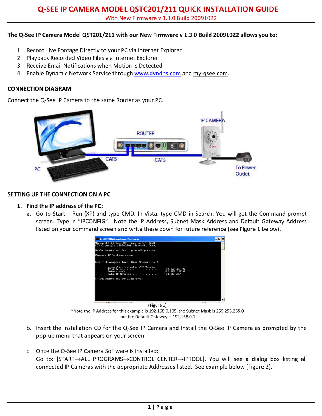 Q-See QSTC211 quick start See IP Camera Model QSTC201/211 Quick Installation Guide, Find the IP address of the PC 