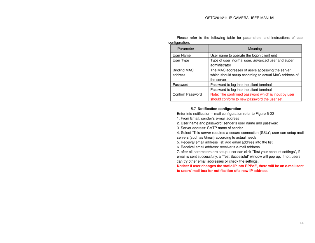 Q-See QSTC211, QSTC201 user manual UserParameter Name, Notification configuration 