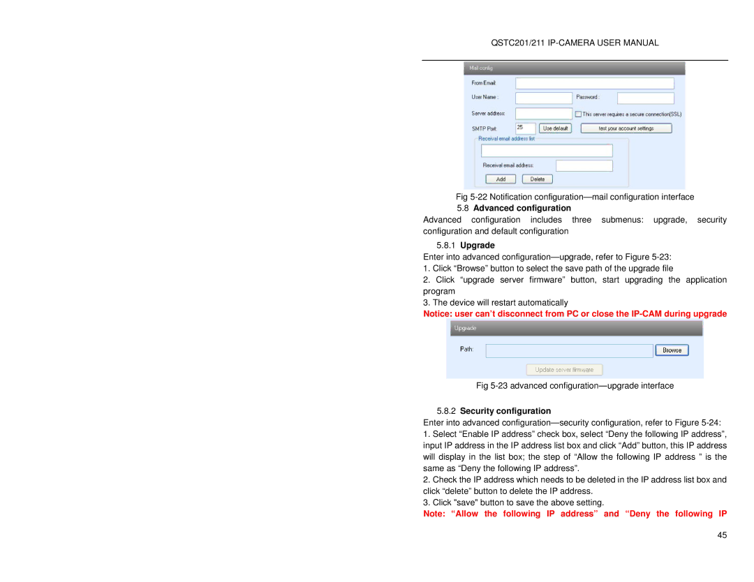 Q-See QSTC201, QSTC211 user manual Advanced configuration, Upgrade, Security configuration 