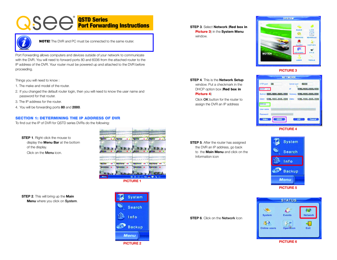 Q-See manual Determining The Ip Address Of Dvr, Picture, QSTD Series Port Forwarding Instructions 