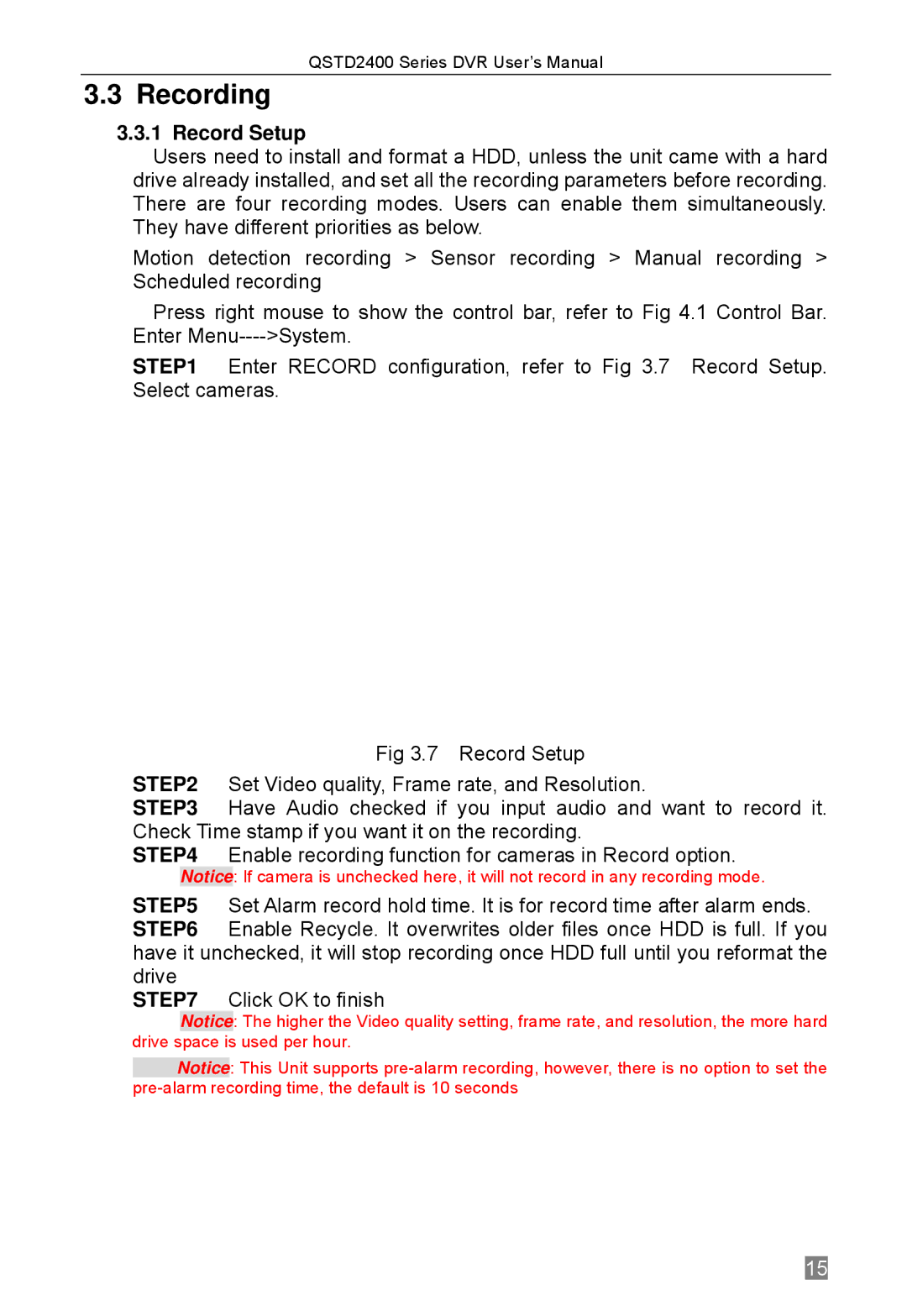 Q-See QSTD2408, QSTD2416, QSTD2404 user manual Recording, Record Setup 