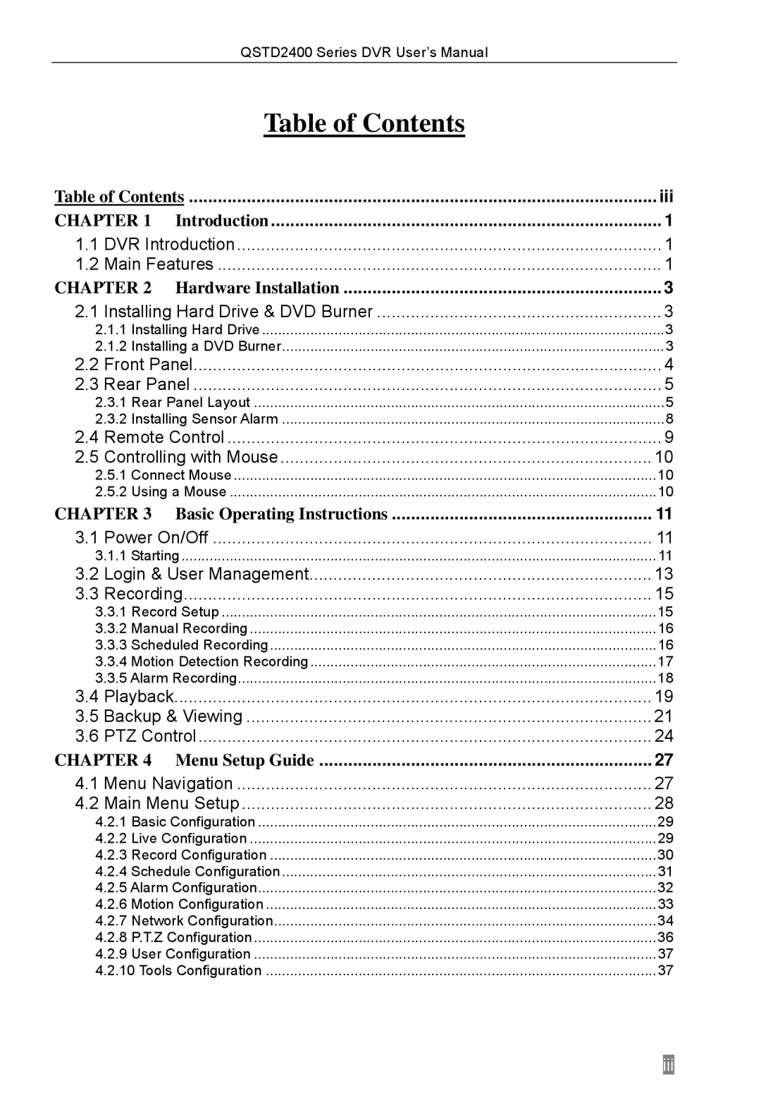 Q-See QSTD2416, QSTD2408, QSTD2404 user manual Table of Contents 