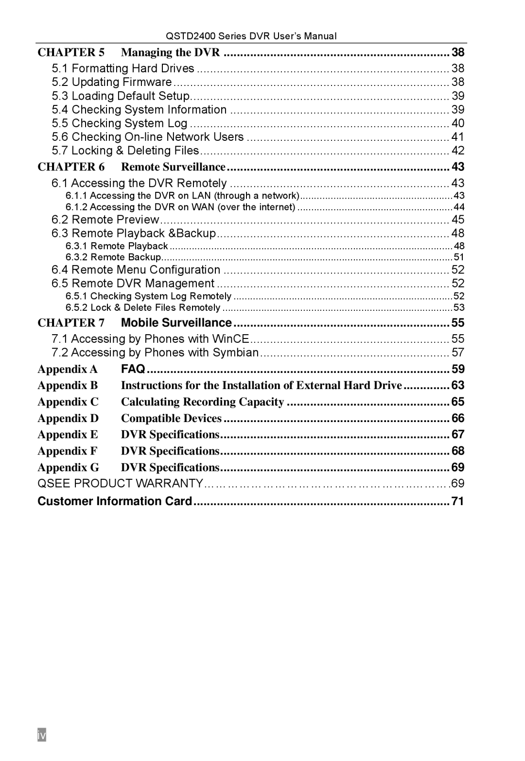 Q-See QSTD2408 Managing the DVR, Remote Surveillance, Mobile Surveillance, Appendix C Calculating Recording Capacity 