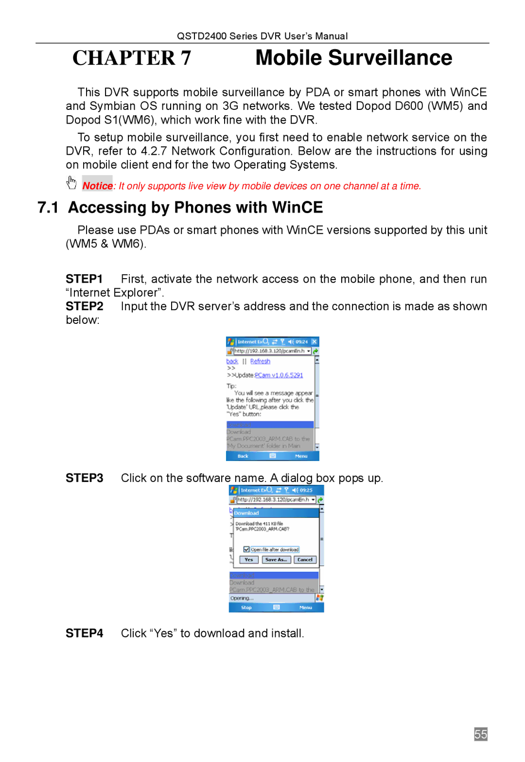 Q-See QSTD2404, QSTD2416, QSTD2408 user manual Mobile Surveillance, Accessing by Phones with WinCE 