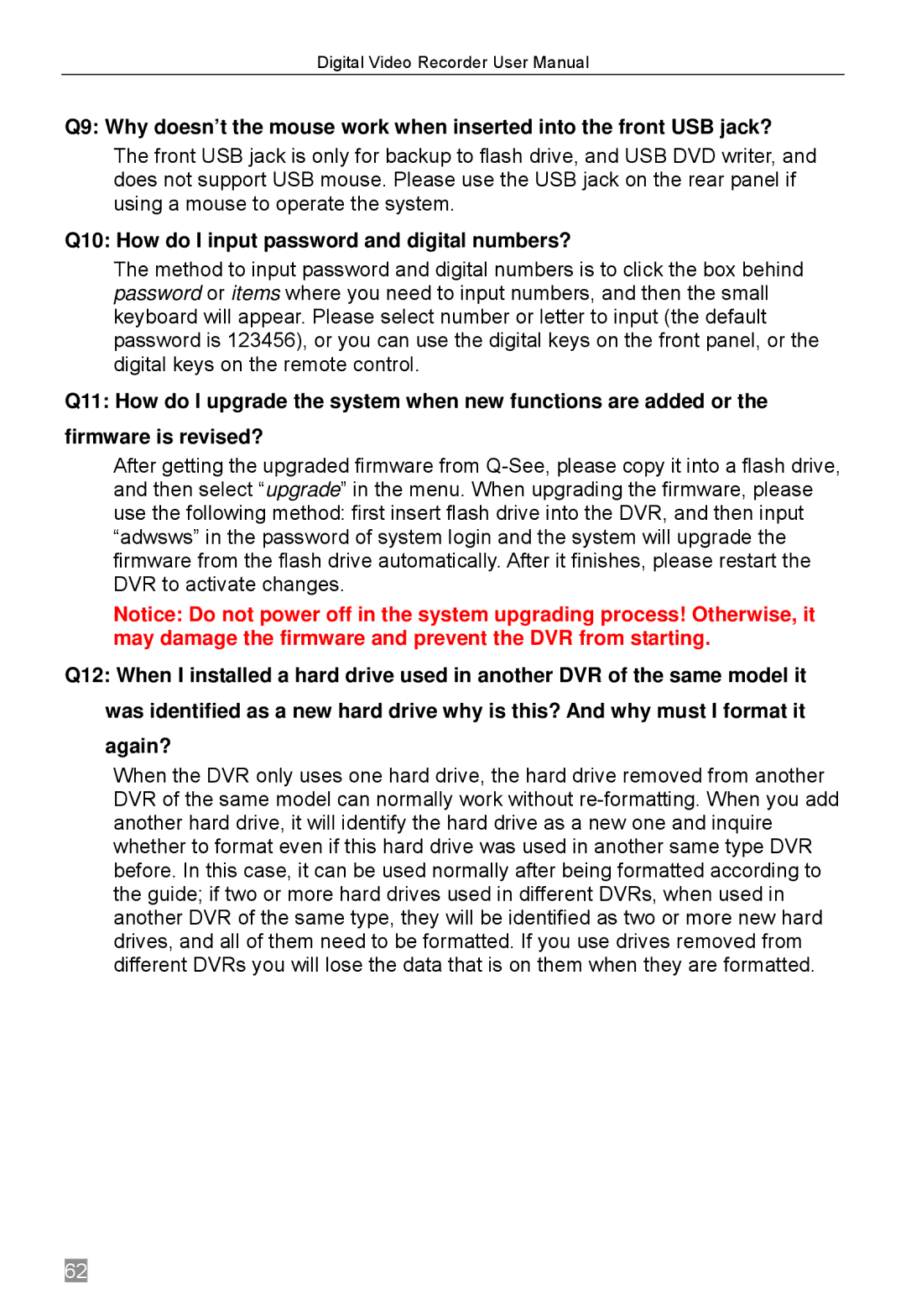 Q-See QSTD2416, QSTD2408, QSTD2404 user manual Q10 How do I input password and digital numbers? 