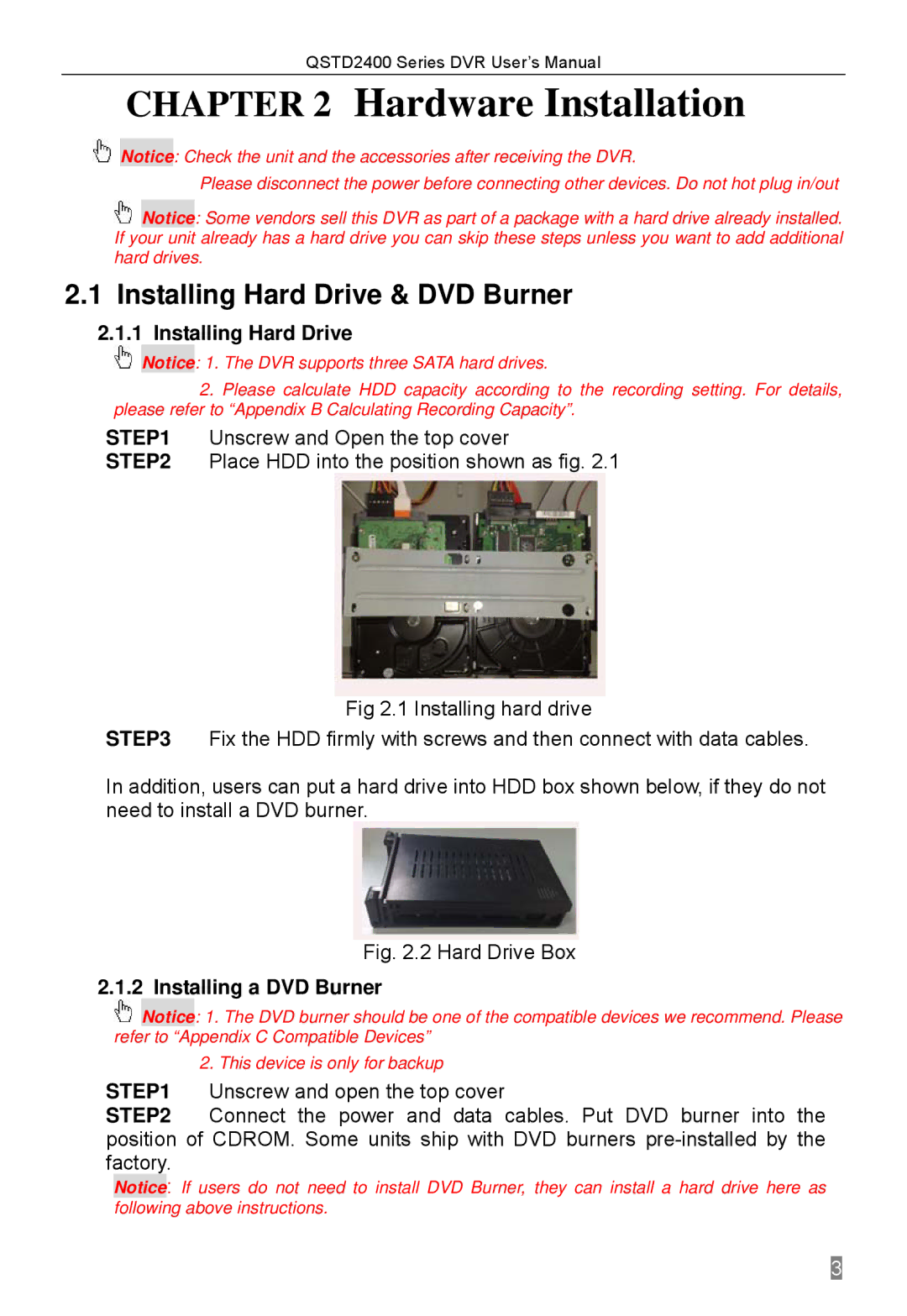 Q-See QSTD2408, QSTD2416, QSTD2404 user manual Installing Hard Drive & DVD Burner, Installing a DVD Burner 