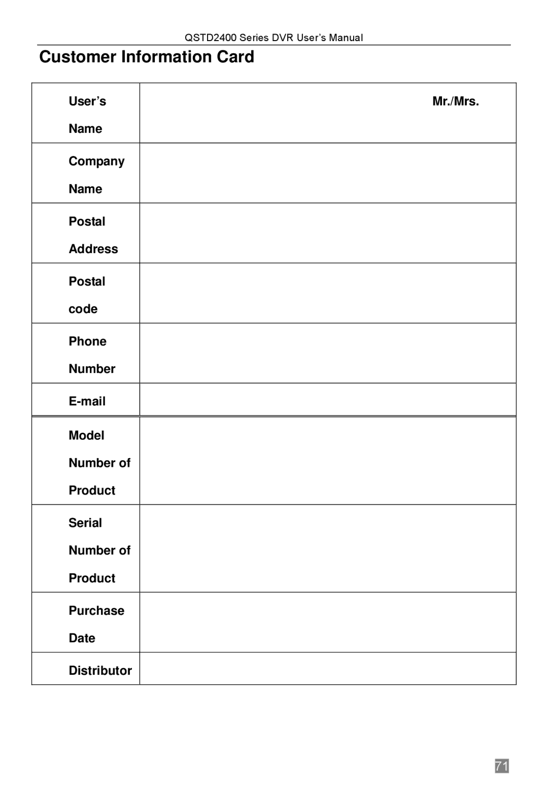 Q-See QSTD2416, QSTD2408, QSTD2404 user manual Customer Information Card 