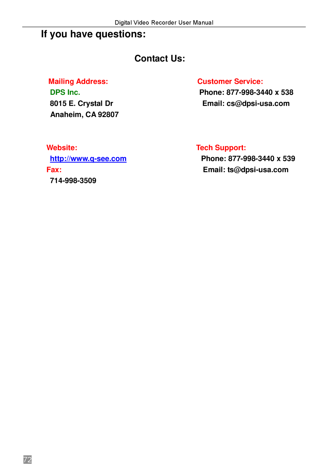 Q-See QSTD2408, QSTD2416 If you have questions, 8015 E. Crystal Dr Email cs@dpsi-usa.com Anaheim, CA, Phone 877-998-3440 x 