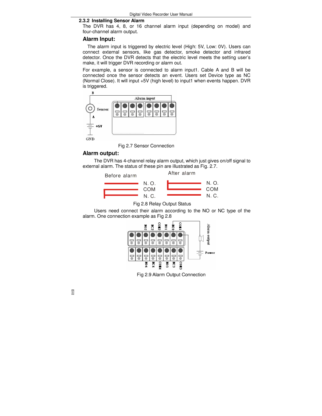 Q-See QSTD2416, QSTD2408, QSTD2404 user manual Alarm Input, Alarm output, Installing Sensor Alarm 