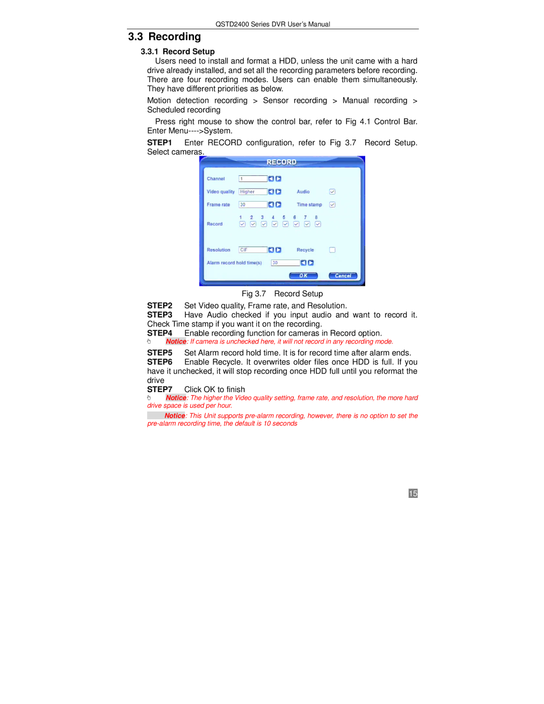 Q-See QSTD2408, QSTD2416, QSTD2404 user manual Recording, Record Setup 