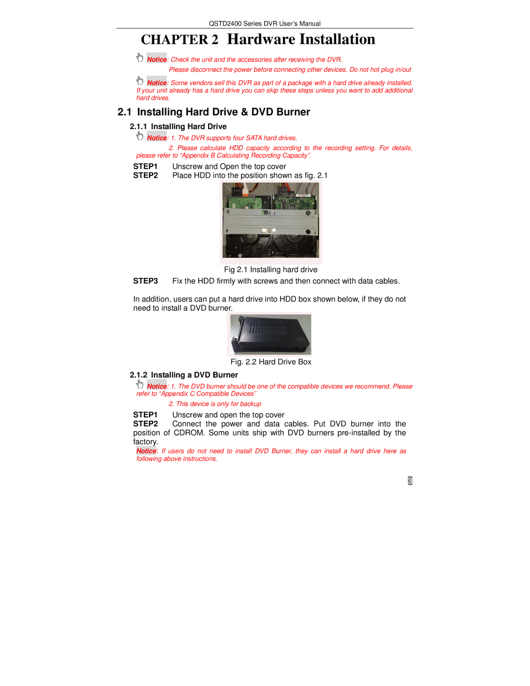 Q-See QSTD2408, QSTD2416, QSTD2404 user manual Installing Hard Drive & DVD Burner, Installing a DVD Burner 