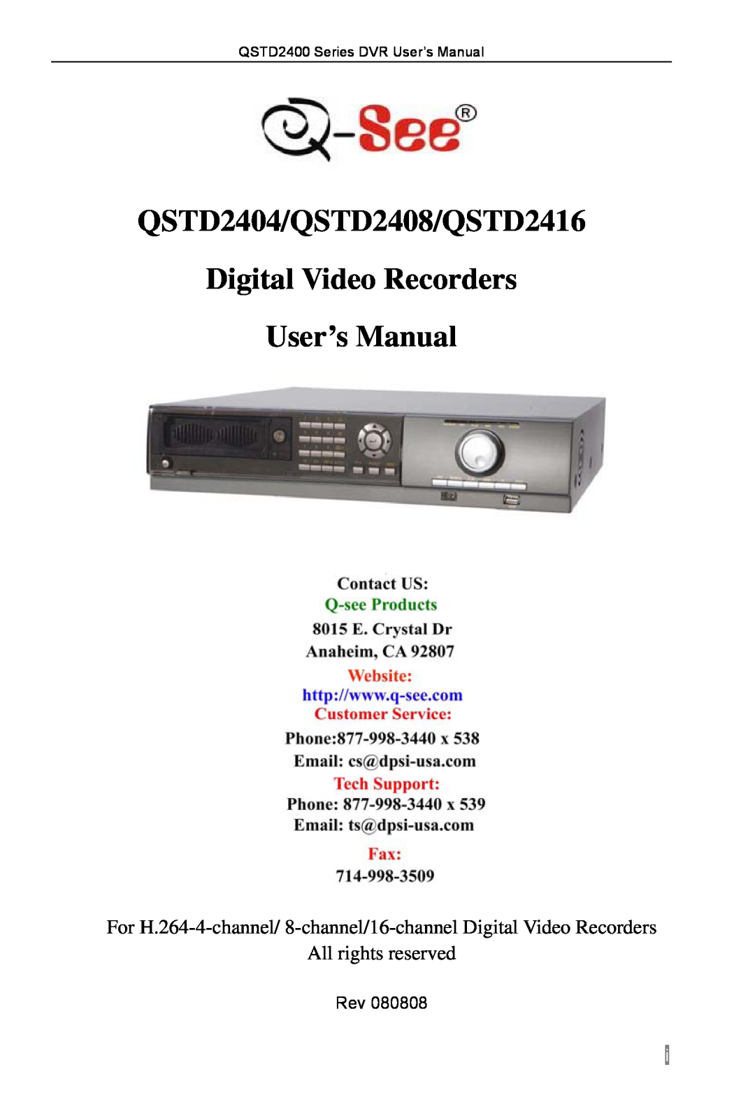 Q-See user manual QSTD2404/QSTD2408/QSTD2416, Digital Video Recorders User’s Manual, All rights reserved 