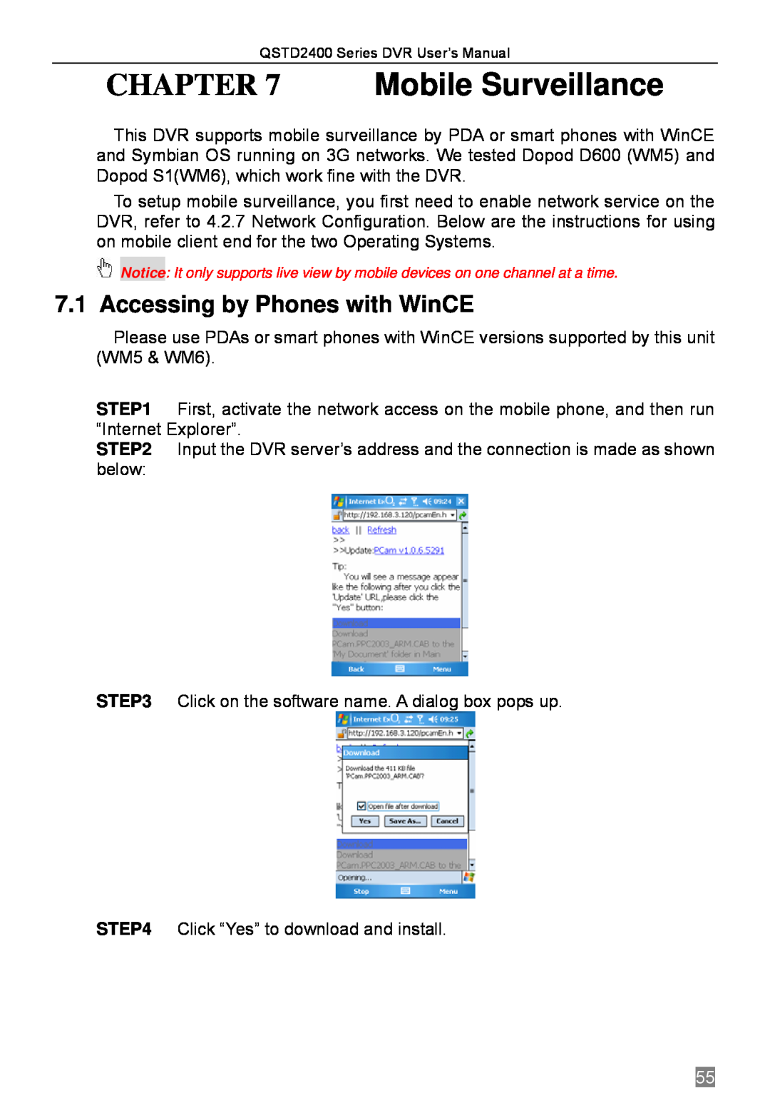Q-See QSTD2404, QSTD2416, QSTD2408 user manual Accessing by Phones with WinCE, Mobile Surveillance 