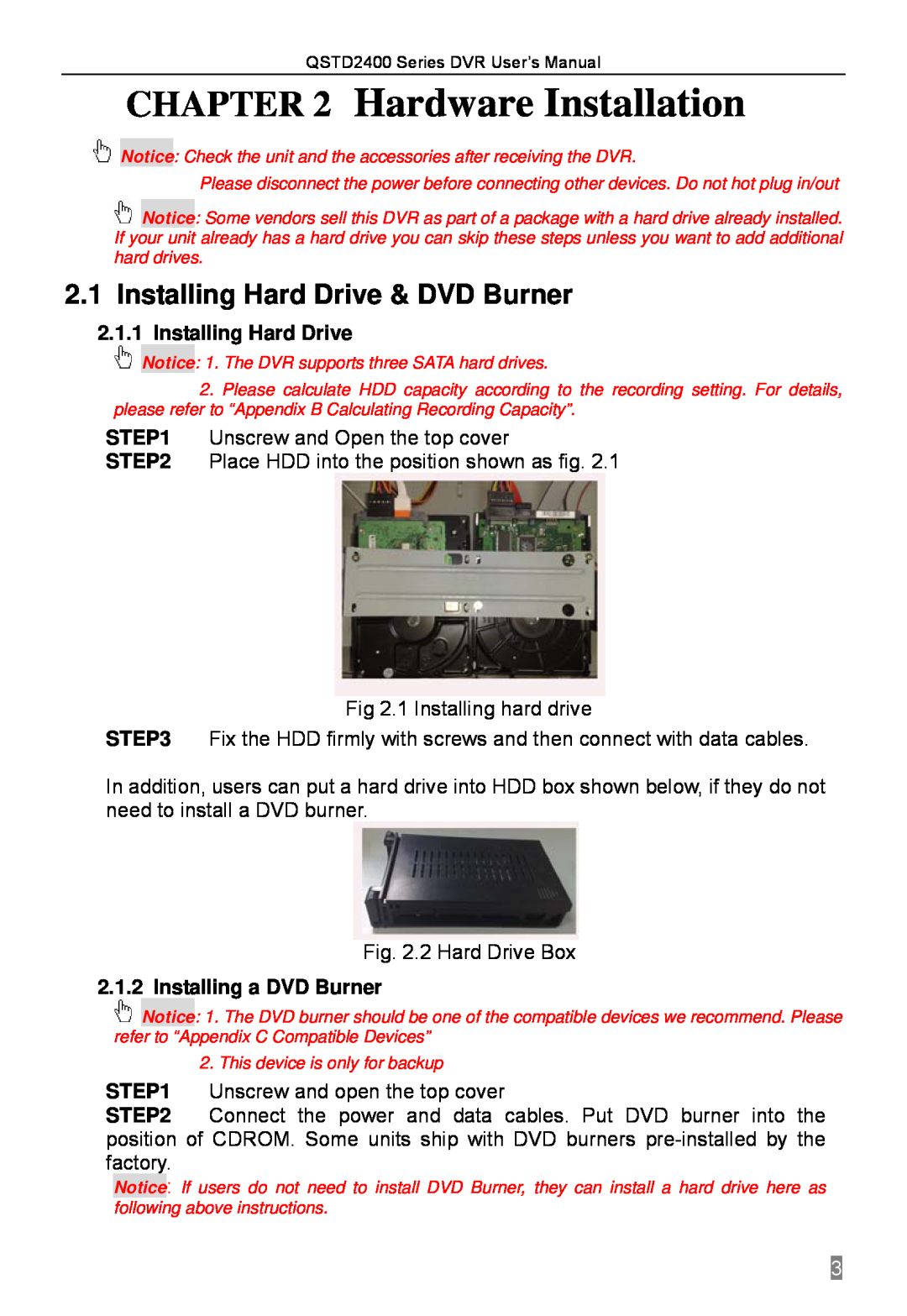 Q-See QSTD2408, QSTD2416, QSTD2404 Hardware Installation, Installing Hard Drive & DVD Burner, Installing a DVD Burner 