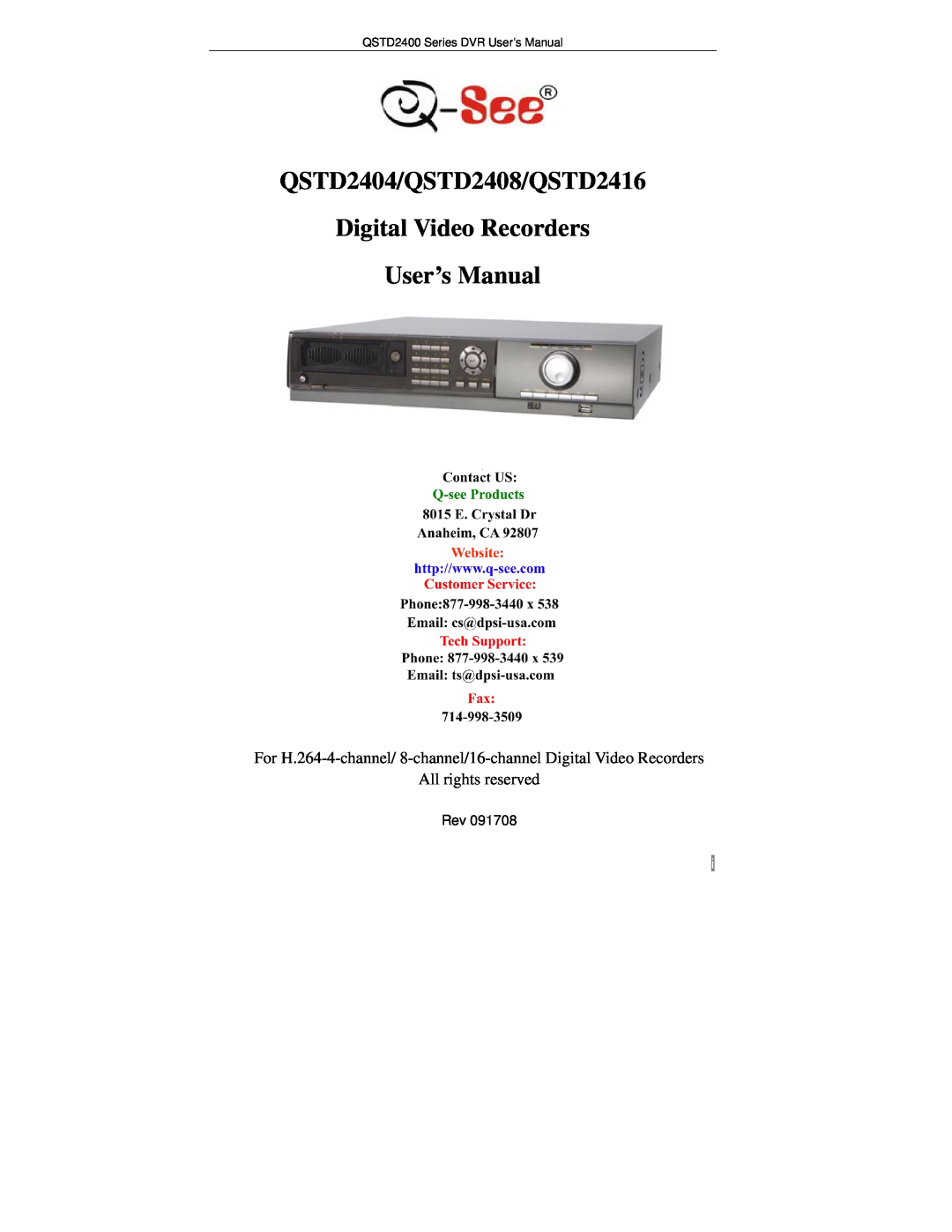 Q-See user manual QSTD2404/QSTD2408/QSTD2416, Digital Video Recorders User’s Manual, All rights reserved 
