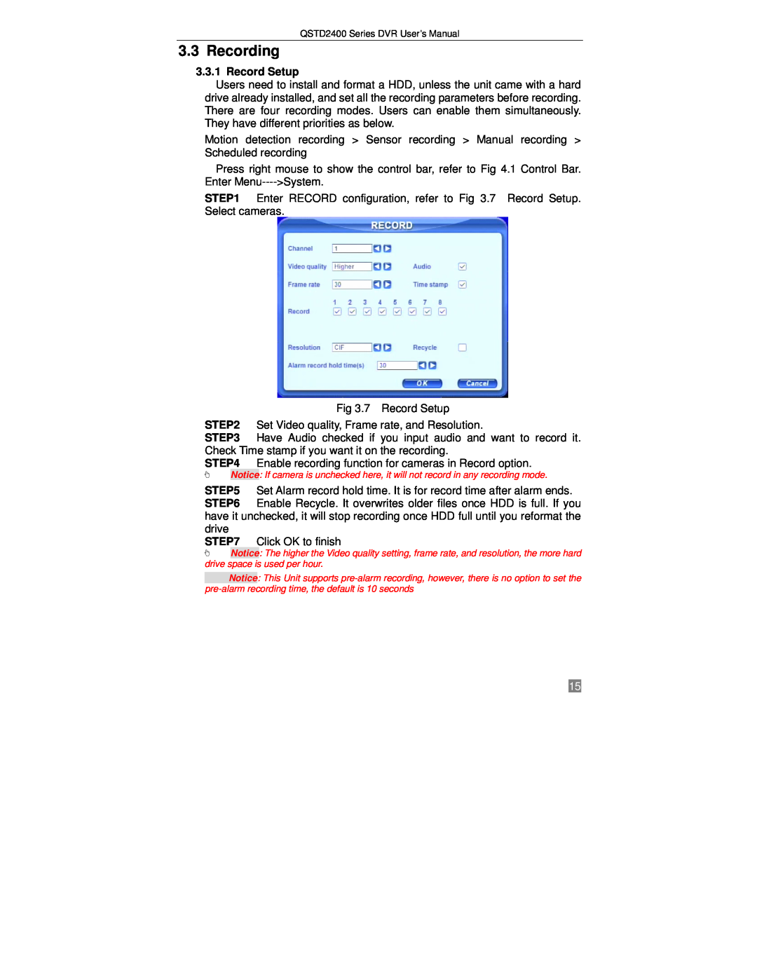 Q-See QSTD2408, QSTD2416, QSTD2404 user manual 3.3Recording, 3.3.1Record Setup 