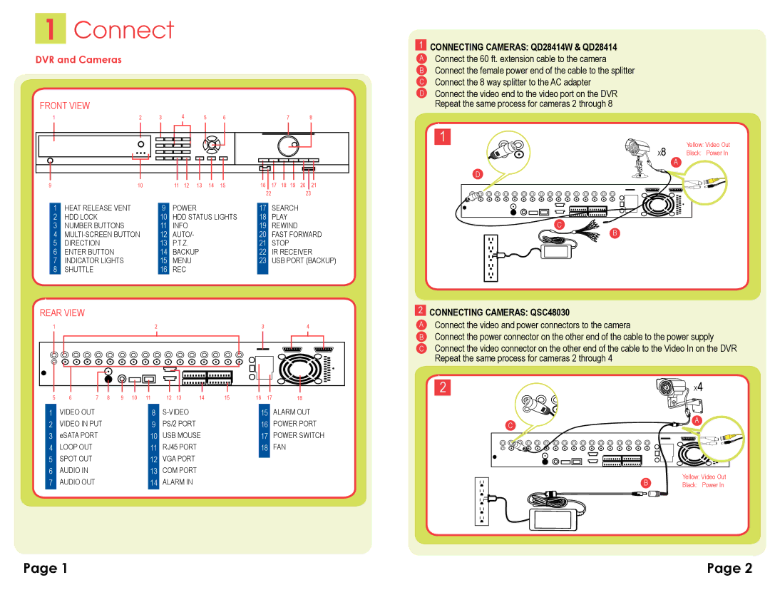 Q-See QSTD501616C quick start Connecting Cameras QD28414W & QD28414, Connecting Cameras QSC48030 