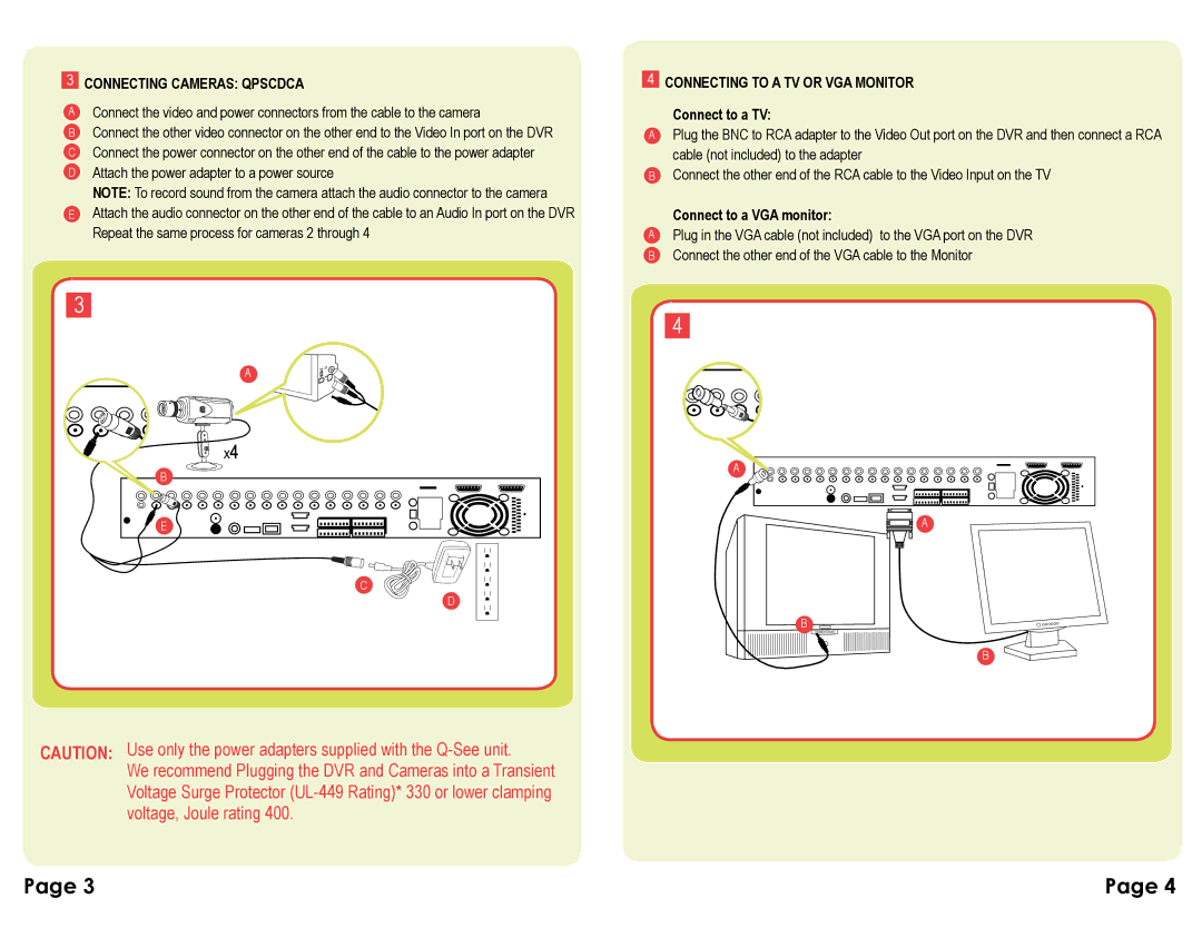 Q-See QSTD501616C Connecting Cameras Qpscdca, Connecting to a TV or VGA Monitor, Connect to a TV, Connect to a VGA monitor 