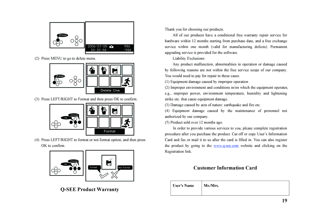 Q-See QSW1001R technical specifications See Product Warranty, User’s Name Mr./Mrs 