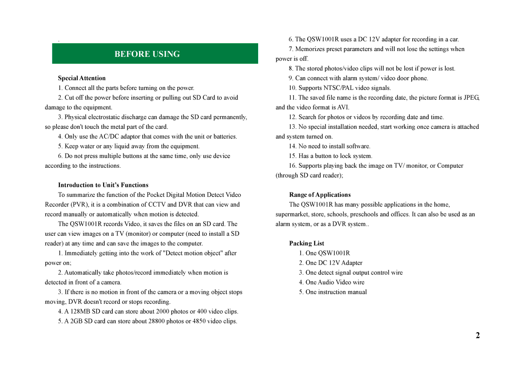 Q-See QSW1001R Special Attention, Introduction to Unit’s Functions, Range of Applications, Packing List 