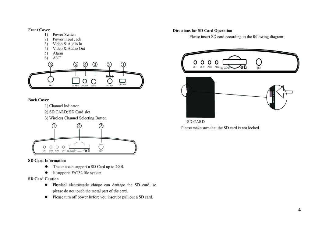 Q-See QSW1001R Front Cover, Back Cover, SD Card Information, SD Card Caution, Directions for SD Card Operation 