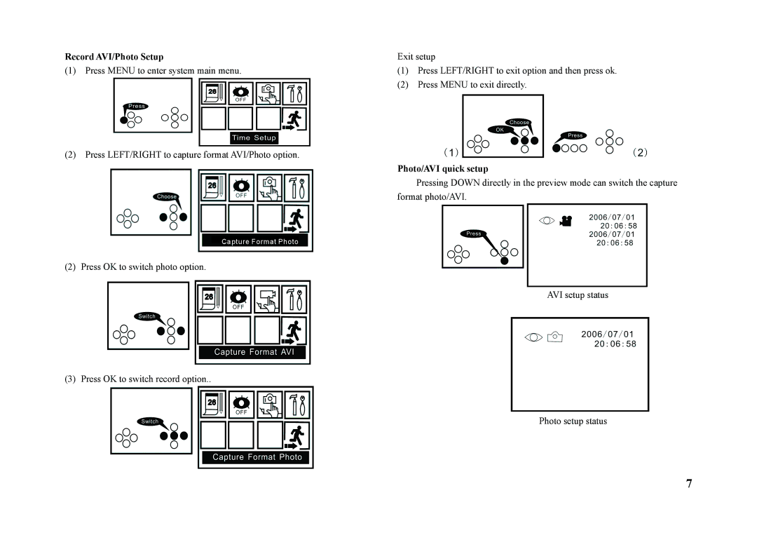 Q-See QSW1001R technical specifications Record AVI/Photo Setup, Photo/AVI quick setup 