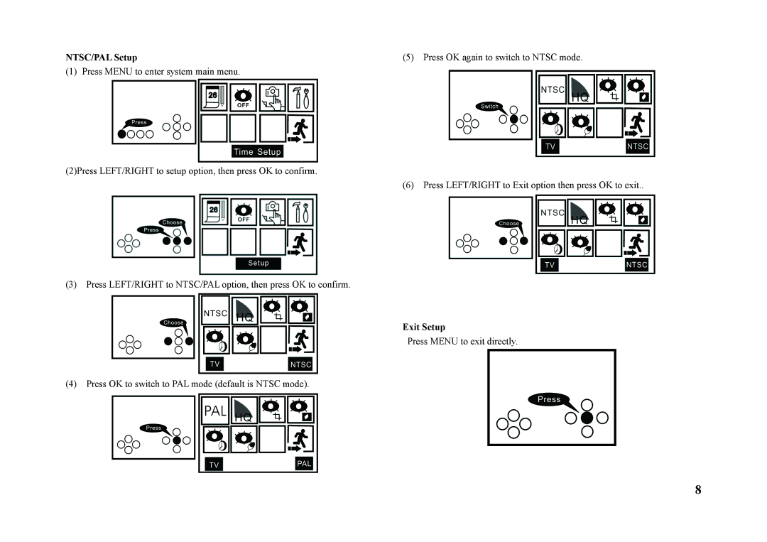 Q-See QSW1001R technical specifications NTSC/PAL Setup, Exit Setup 