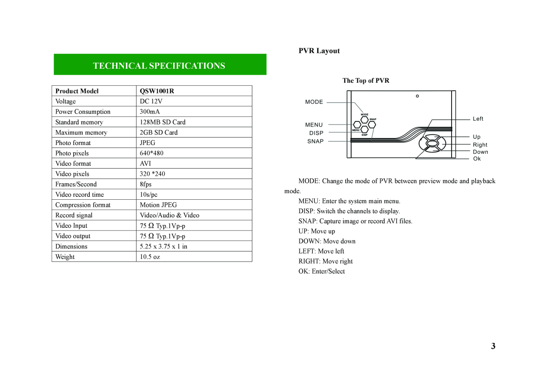 Q-See QSW1001R technical specifications Technical Specifications, Product Model, The Top of PVR, PVR Layout 