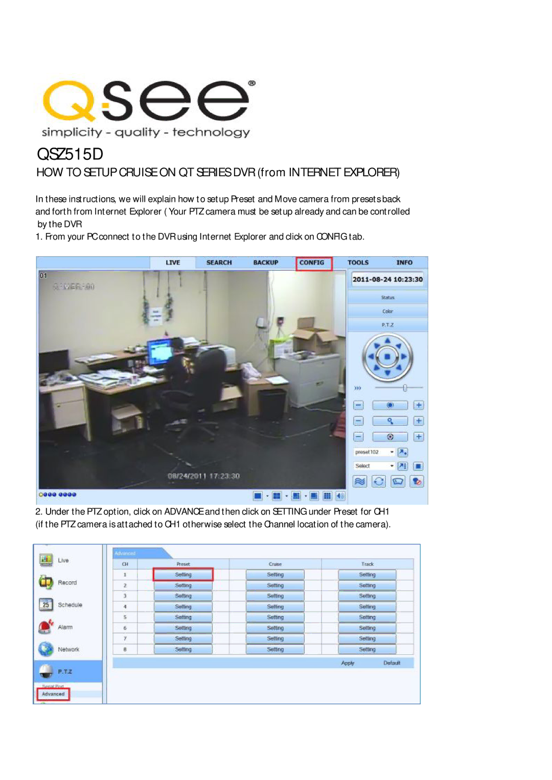 Q-See QSZ515D manual HOW to Setup Cruise on QT Series DVR from Internet Explorer 