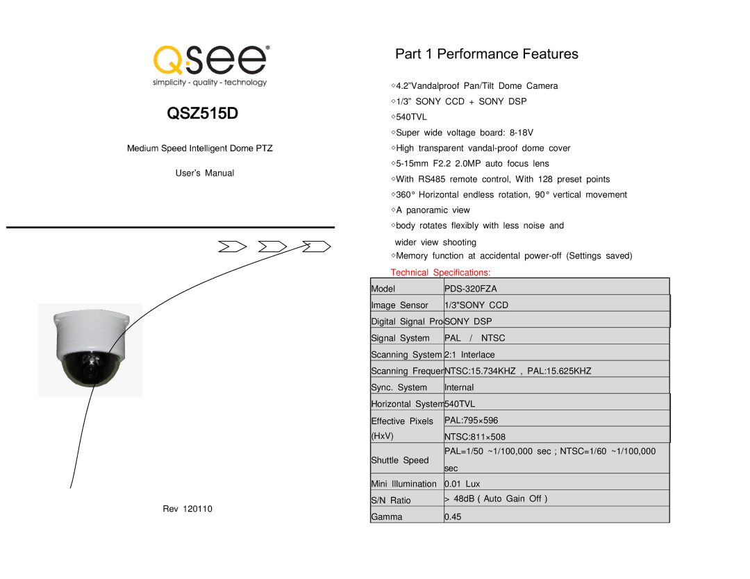 Q-See QSZ515D user manual PDS-320FZA, 3SONY CCD, PAL / Ntsc 