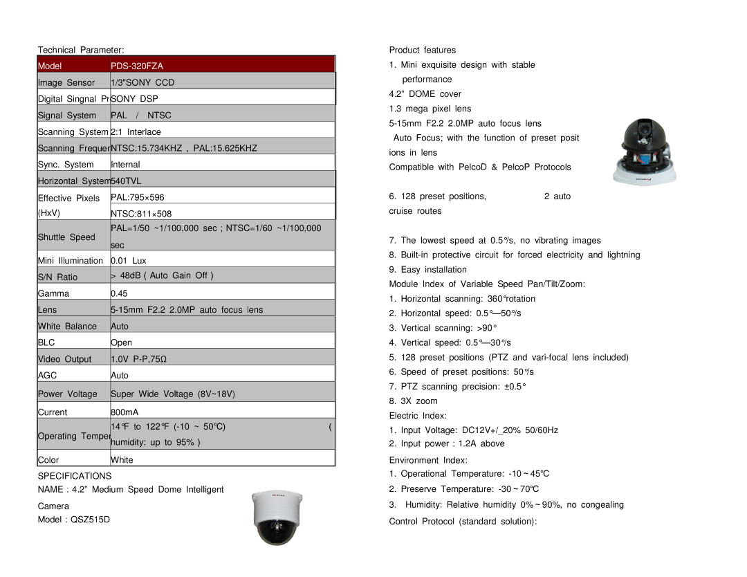 Q-See QSZ515D user manual PAL Ntsc, Specifications Name 