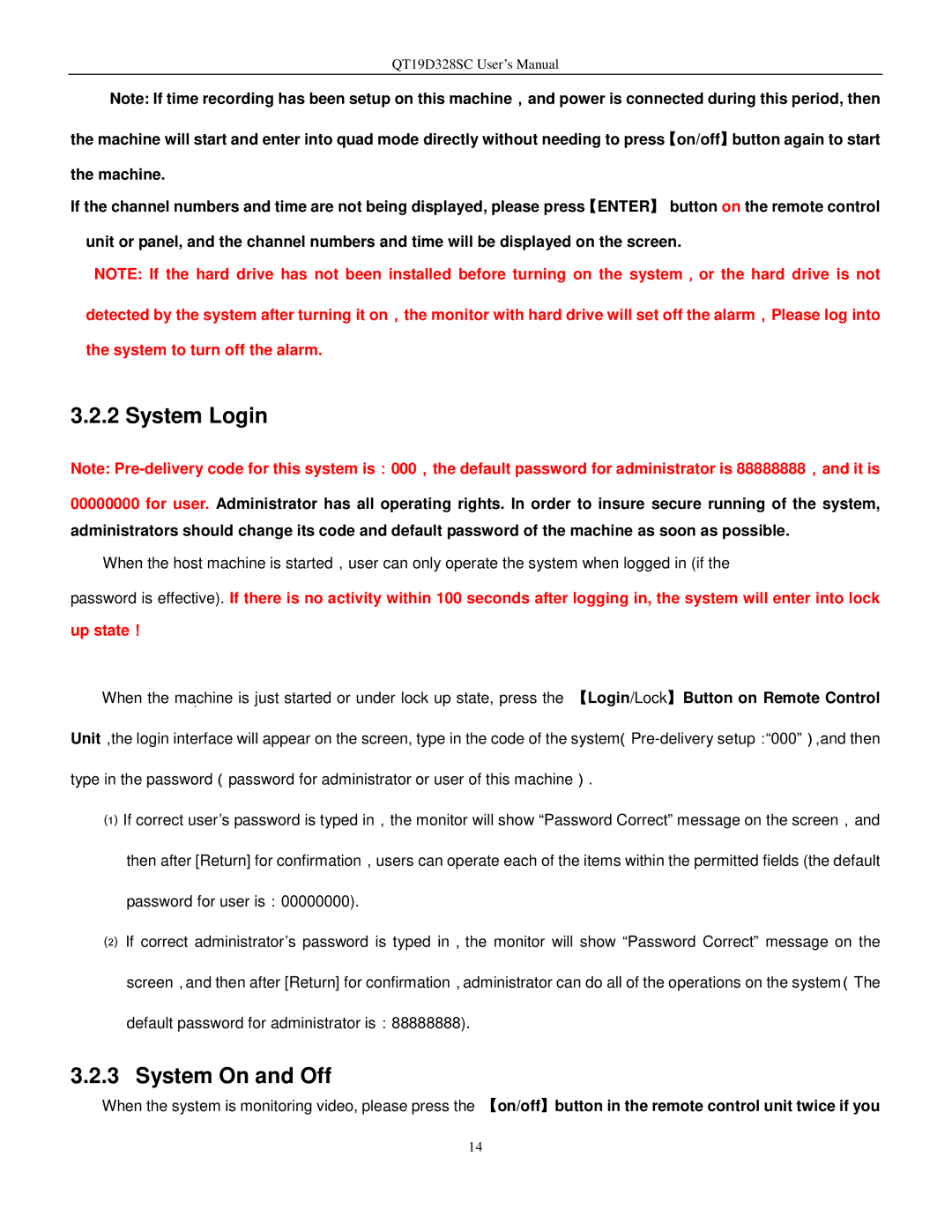 Q-See QT17D324SC user manual System Login, System On and Off 