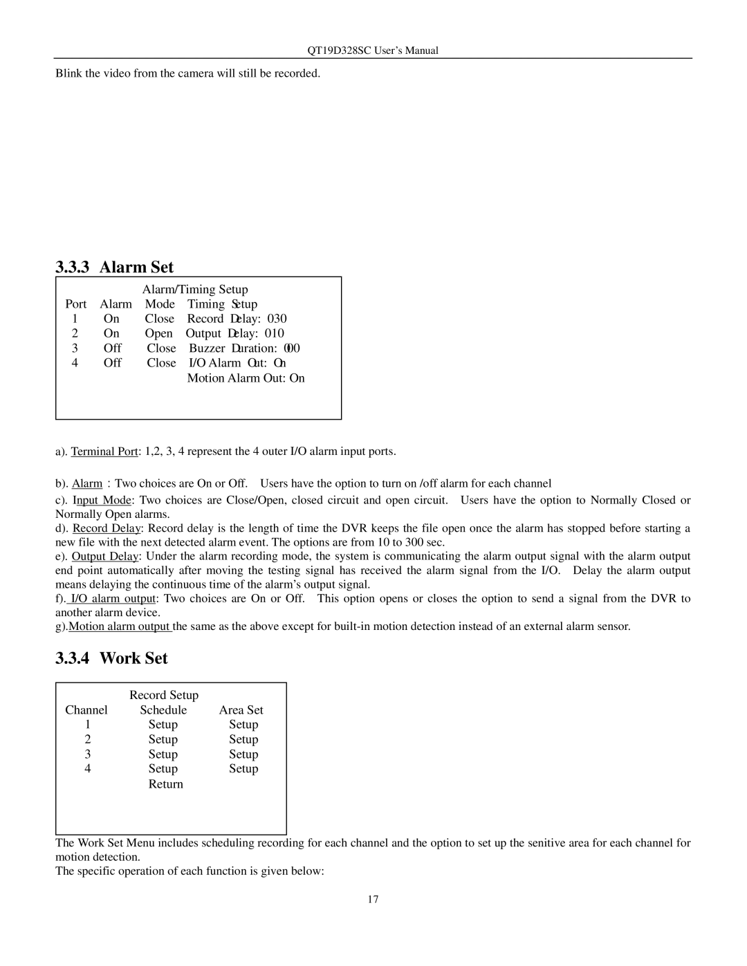 Q-See QT17D324SC user manual Alarm Set, Work Set, Alarm/Timing Setup, Channel Schedule Area Set Setup Return 