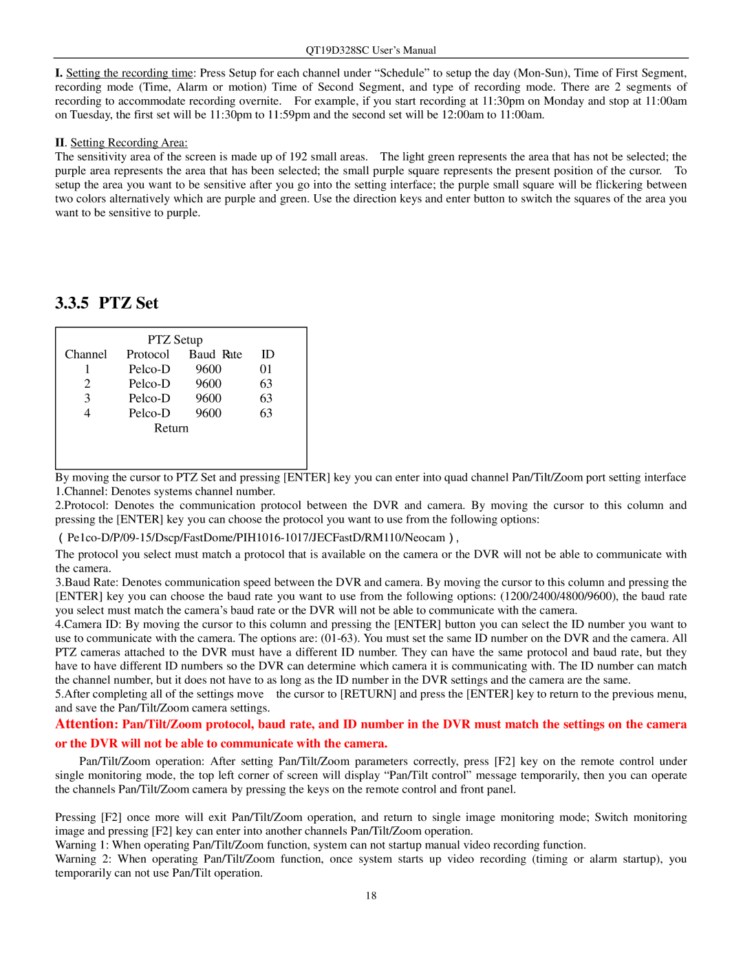 Q-See QT17D324SC user manual PTZ Setup Channel, Baud Rate Pelco-D 9600 Return 