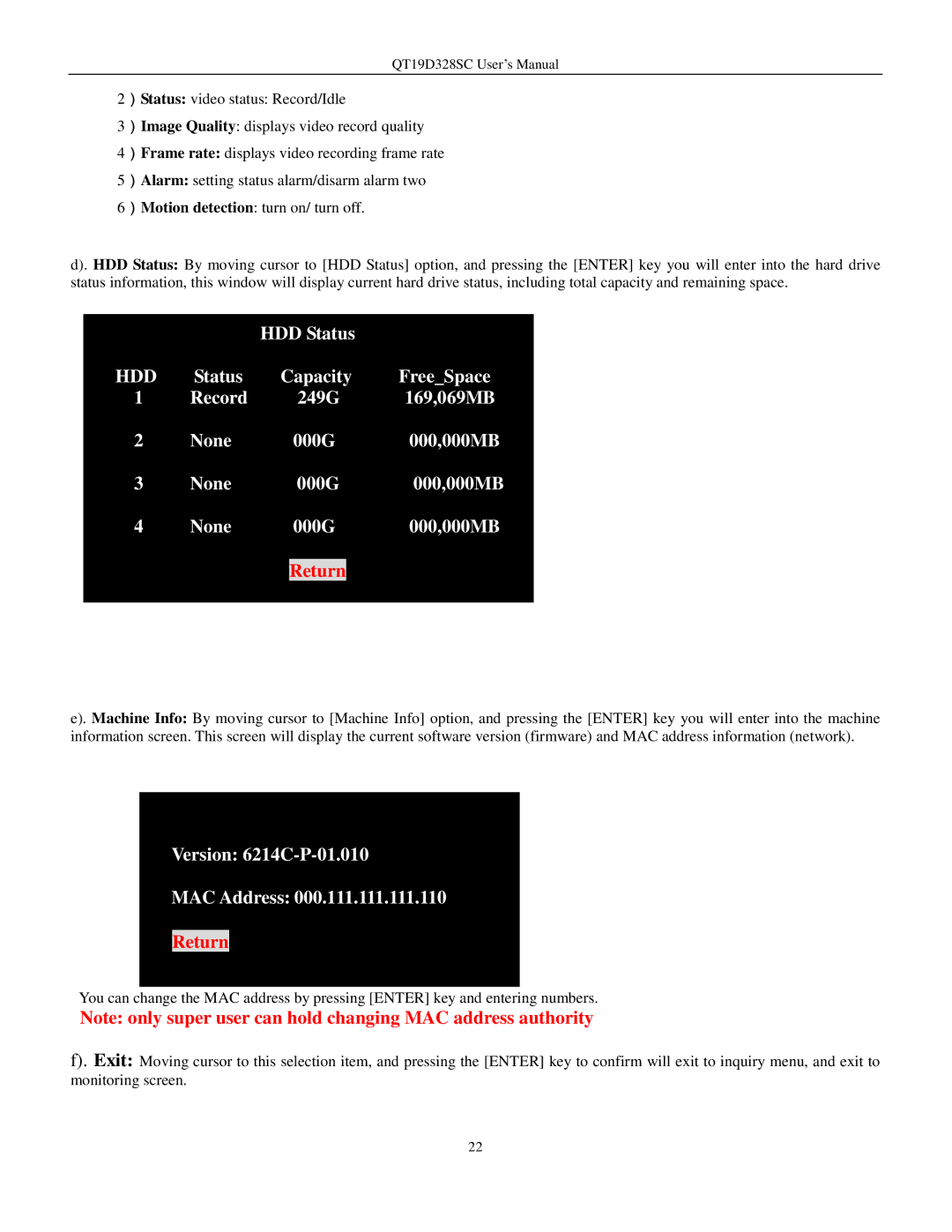 Q-See QT17D324SC user manual HDD Status 