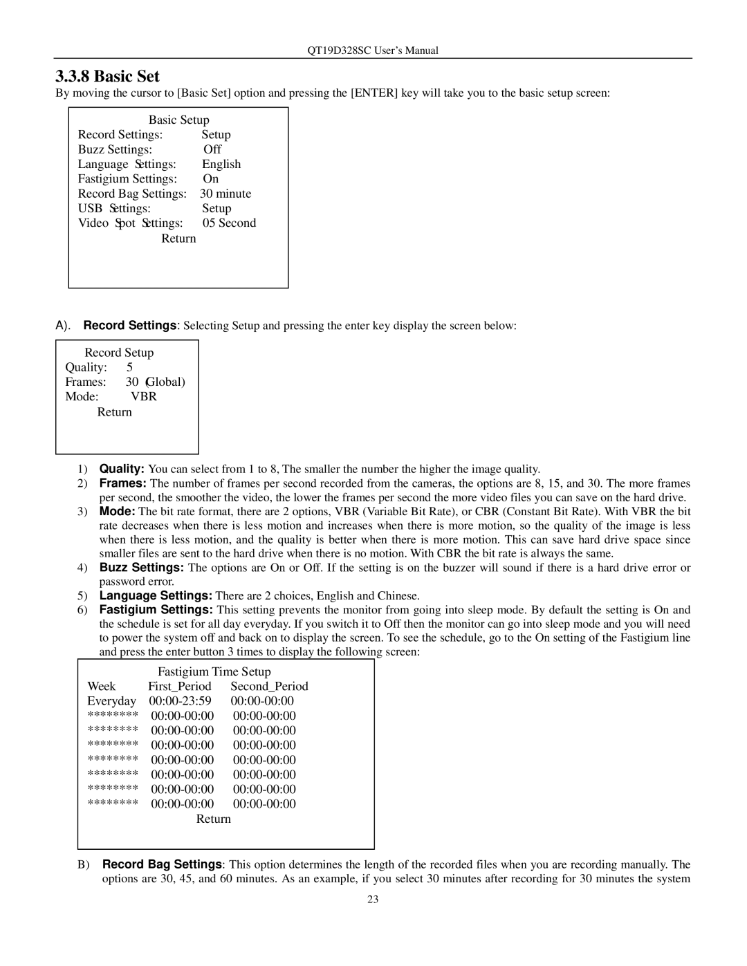 Q-See QT17D324SC user manual Basic Set, Record Setup Quality Frames 30 Global Mode VBR Return 
