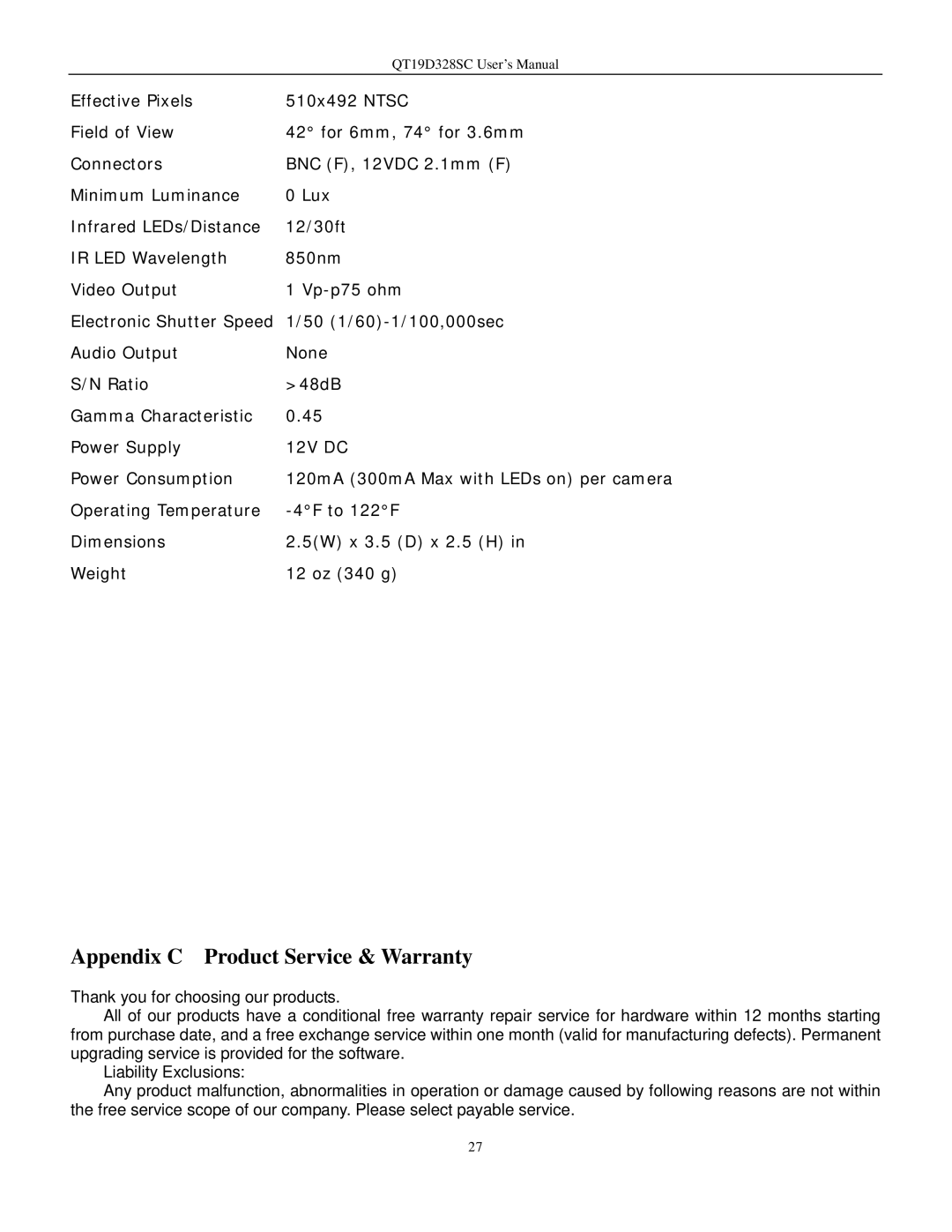 Q-See QT17D324SC user manual Appendix C Product Service & Warranty 