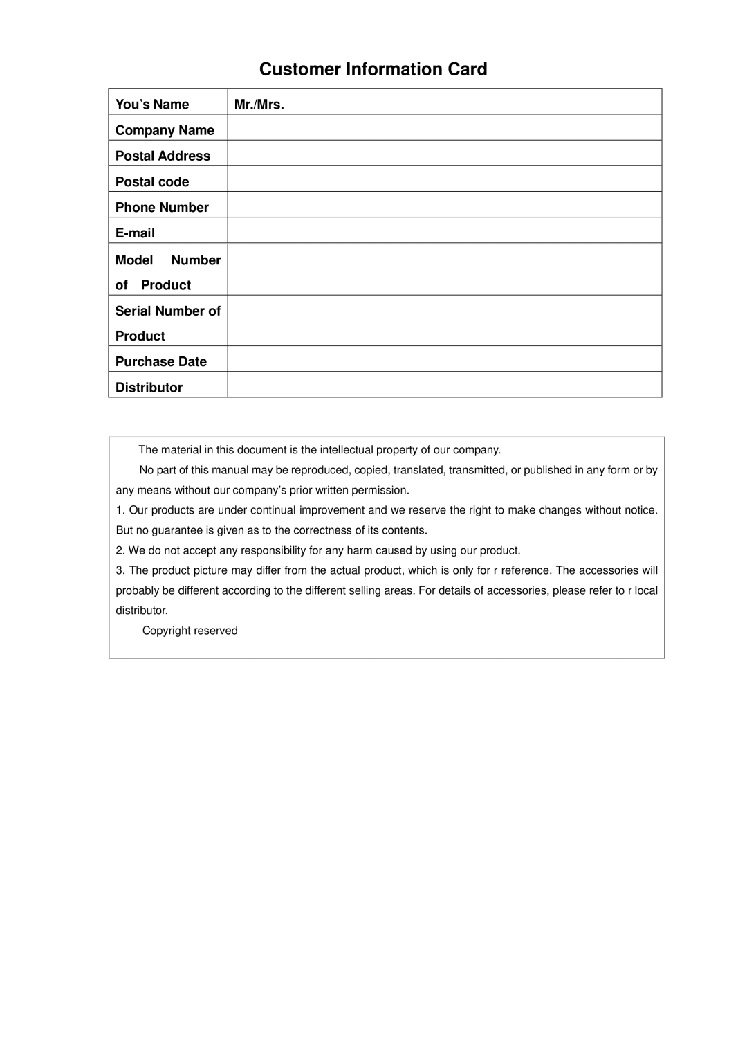 Q-See QT17D324SC user manual Customer Information Card 