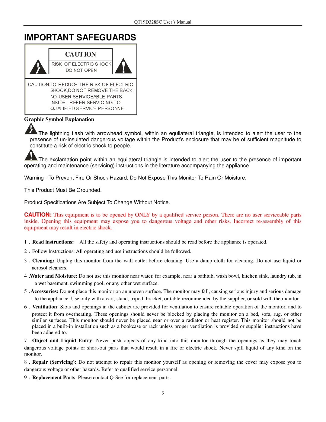 Q-See QT17D324SC user manual Important Safeguards 