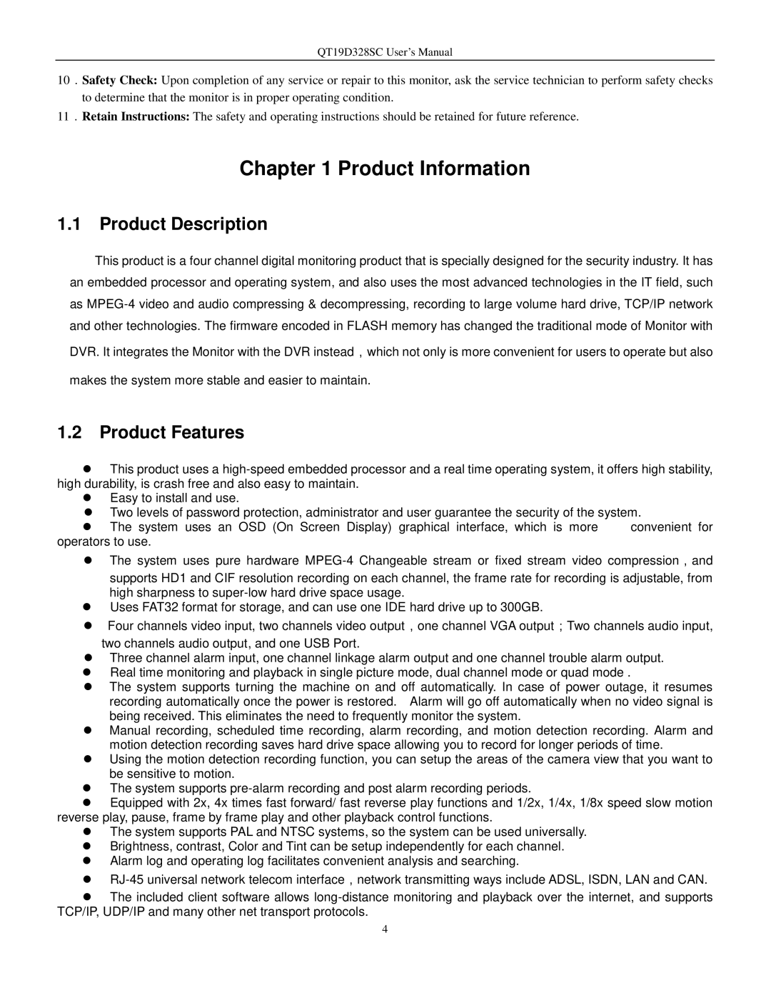 Q-See QT17D324SC user manual Product Description, Product Features 